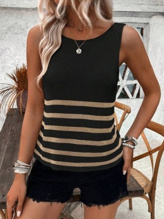 Bluzka bez rękawów dzianinowa czarno-beżowa