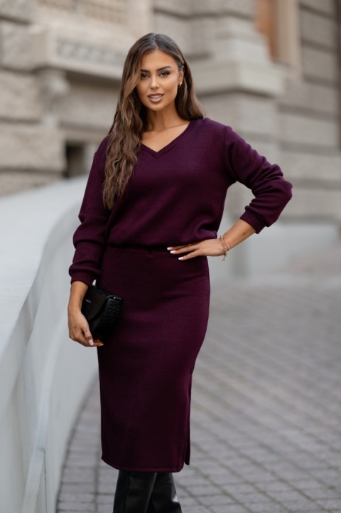 Komplet sweterkowy spódnica i bluzka bordo