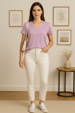 Koszulka basic w serek liliowa