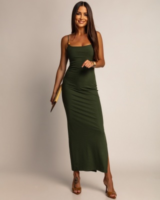 Sukienka khaki z koralikami maxi