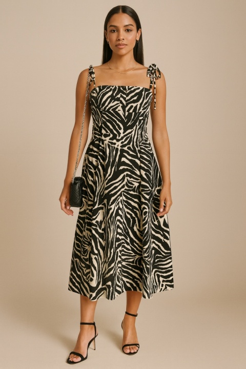 Sukienka w motyw zwierzęcy, wiązana na ramionach midi